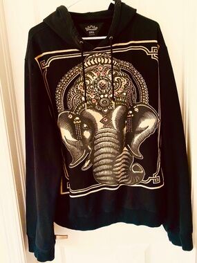Heads or Tails Ganesha Hoodie Mens 3XL Black Rhinestone Elephant Graphic Pullove